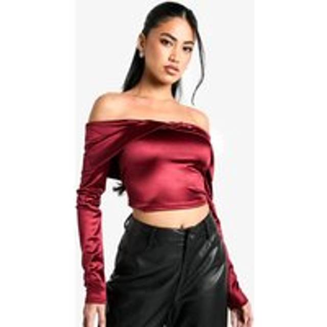 Womens Stretch Satin Twist Detail Bardot Top - Red - 8, Red