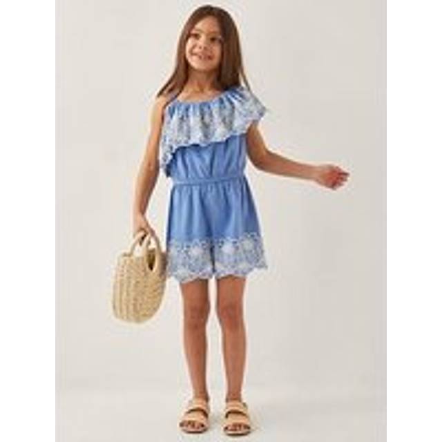Monsoon Kids' Asymmetric Frill Floral Embroidered Playsuit, Blue