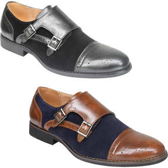 (40, Black) Mens Suede Leather Lined Monk Strap Shoes Classic Double Buckle Slip on Brogues