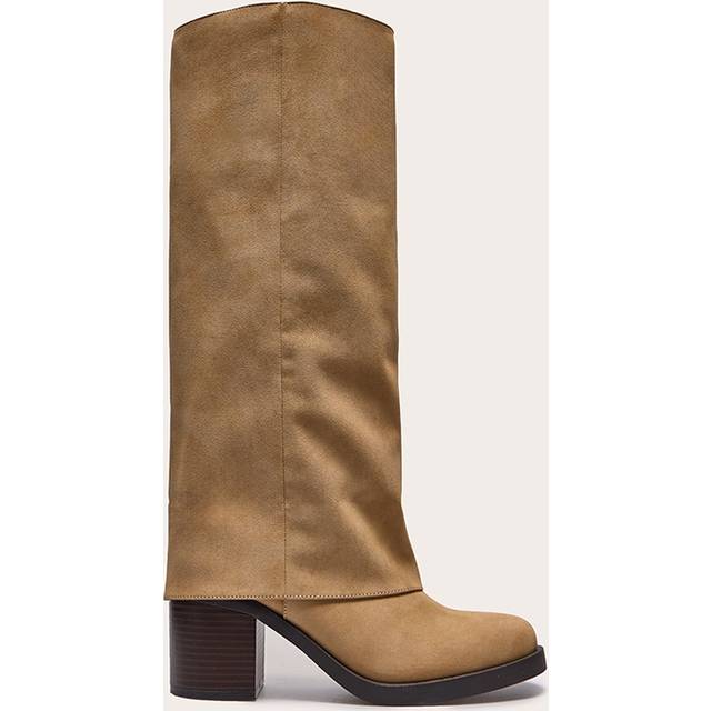 Taupe Faux Nubuck Round Toe Fold Over Low Block Heel Boots, Taupe. - 8