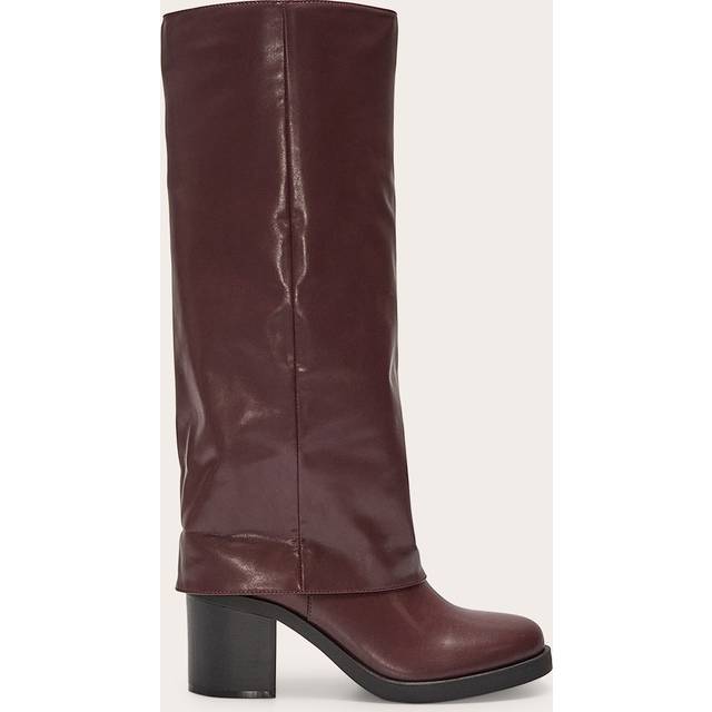 Burgundy PU Round Toe Fold Over Low Block Heeled Boots, Red - 3