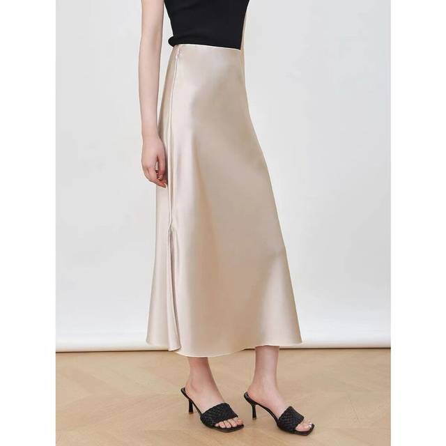 (Champagne Gold, S) Slit Slit Acetic Elastic Waist Shiny Spring And Summer Women's Skirt Acetic Acid Cross-section Mid-length A-line Skirt