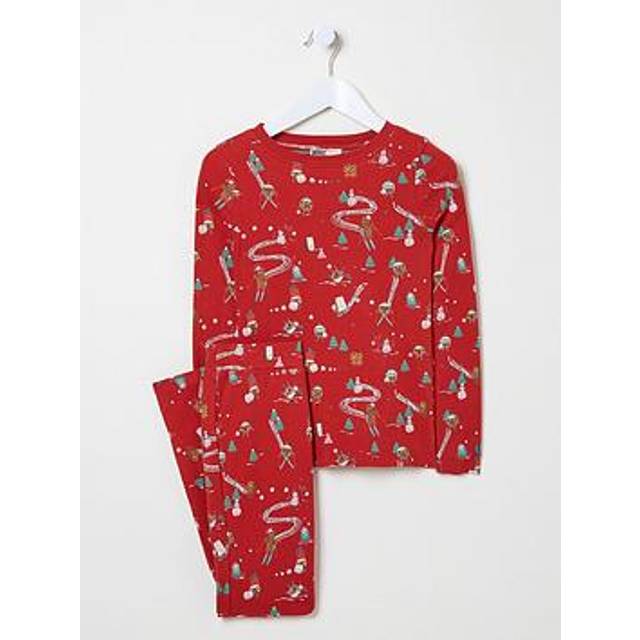 FatFace Girls Family Print Snug Pyjama Set - Red, Red, Size 5-6 Years - 5-6 YEARS