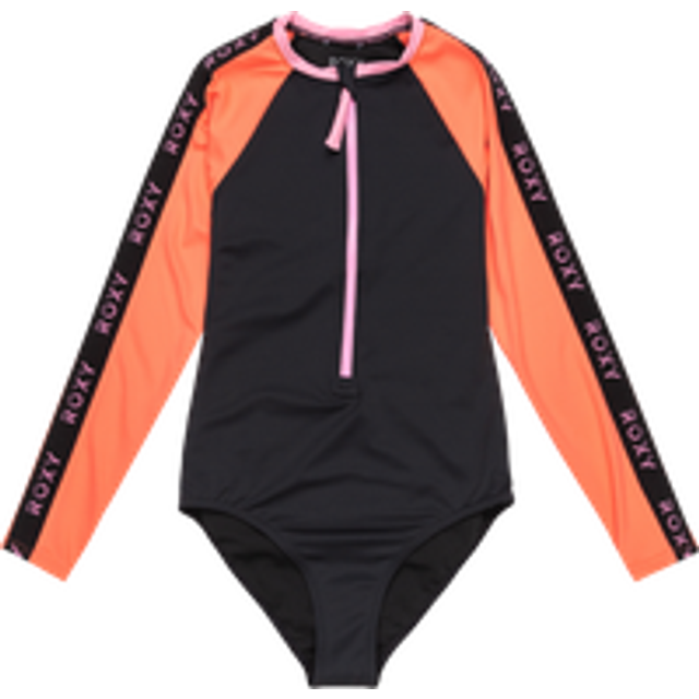 Girl's Roxy Kids Colorblock Onesie Long Sleeve Rash Vest - Black/Grey - Size: 10 years