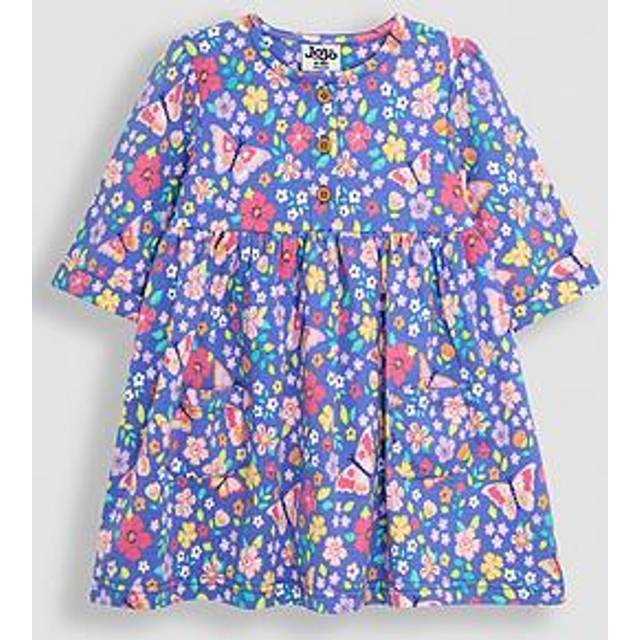JoJo Maman Bebe Girls Butterfly Floral Button Front Dress - Purple, Purple, Size 6-12 Months - 6-12 MONTHS