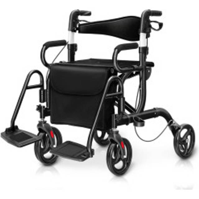 Rollator hopfällbar och lätt med säte 2 i 1 rullstol & reserollator gånghjälp 6-vägs höjdjusterbar