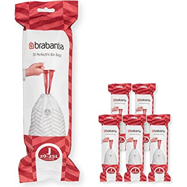Brabantia 138362 PerfectFit Bin Liners Multipack (Size J/20-25 Litre) Thick Plastic Trash Bags with Tie Tape Drawstring Handles (120 Bags), White