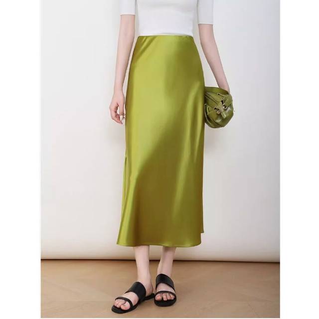 (Lemon Green, S) Slit Slit Acetic Elastic Waist Shiny Spring And Summer Women's Skirt Acetic Acid Cross-section Mid-length A-line Skirt