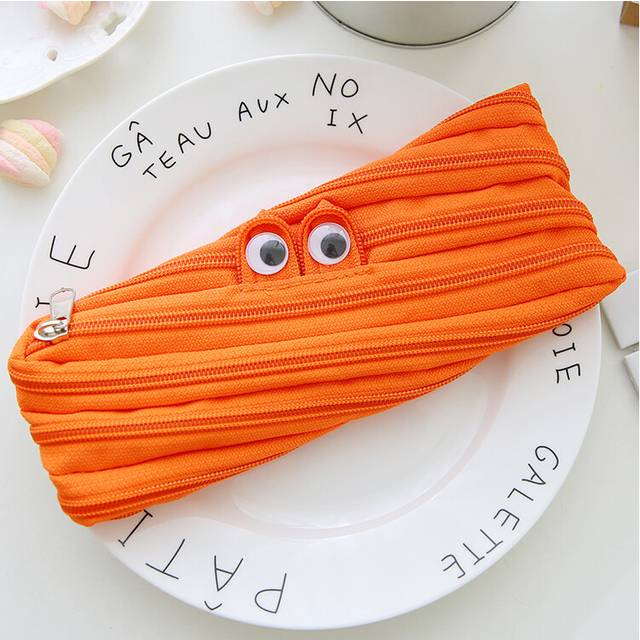 (Orange Horizontal) Creative Funny Zipper Pencil Bags Students Cute Pen Bags Stationery Storage