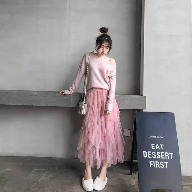 (Pink, L) Spring And Summer Skirt Cake Mesh Skirt Pleated Skirt Long Skirt Irregular Women's Skirt Mid-length Skirt