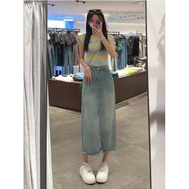 (Blue, L) Summer Thin Tennis Denim Skirt For Women Pear-shaped Body Large Size Fat Mm High Waist Slim Mid-length A-line Skirt