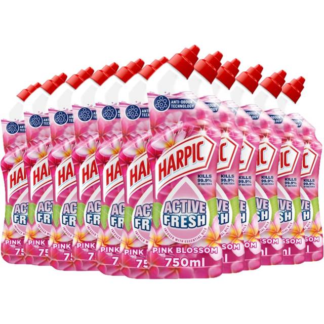 Harpic Active Fresh Toilet Cleaning Gel, Pink Blossom, Pack 12 x 750 ml, Infused with Essential Oils, Kills 99.9% of Bacteria, Toilet Cleaner