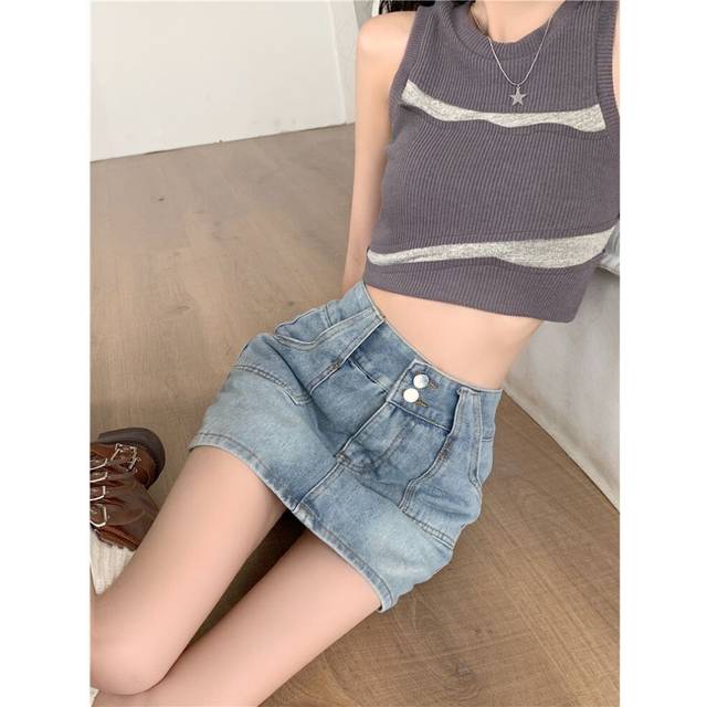 (Retro Blue, XL) Hot Girl Retro Denim Skirt Skirt And Trousers For Women Spring And Summer A-line Skirt High Waist Small Hip Skirt Pants