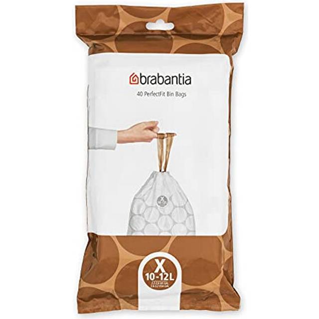 Brabantia 138041 PerfectFit Bin Liners (Size X/10-12 Litre) Thick Plastic Trash Bags with Tie Tape Drawstring Handles (40 Bags), White