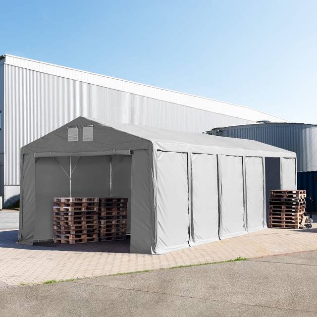 TOOLPORT 6x12m 3.0m Sides Storage Tent / Shelter w. ground frame and zipper entrance, PVC 850, grey without statics package - (79816)