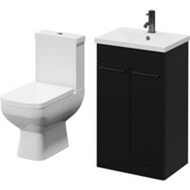 Wholesale Domestic Turin Floor Standing Vanity Unit and Toilet Suite with 1 Tap Hole Glide Basin and 2 Doors with Gunmetal Grey Handles | Matt Black | ABS Polished Chrome | 500mm