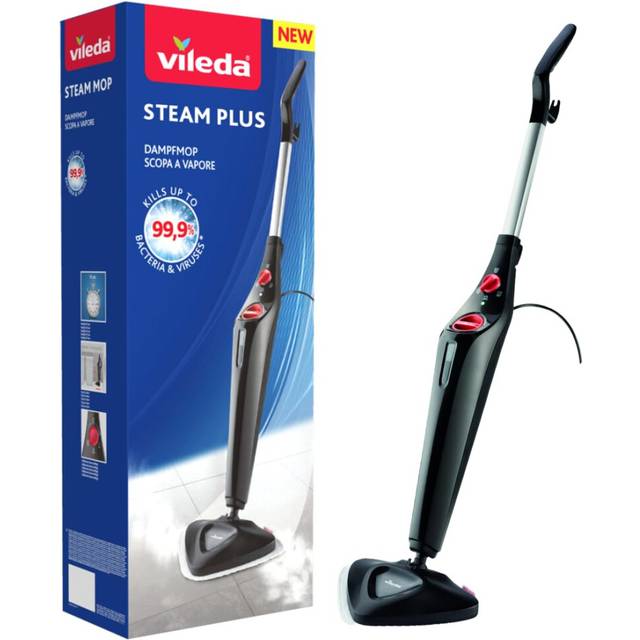 Vileda Steam Mop Steam PLUS, Black Steam Cleaner for all floors, Kills and Removes Viruses, Germs and Bacteria up to 99.9%, 3 Steam Settings, 400ml Wa
