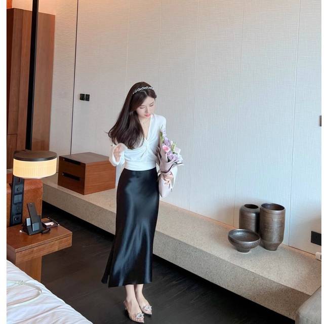 (Black, XL) Slit Slit Acetic Elastic Waist Shiny Spring And Summer Women's Skirt Acetic Acid Cross-section Mid-length A-line Skirt