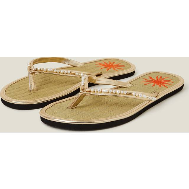Sun Embroidered Seagrass Flip Flops Gold, Size: S - Accessorize