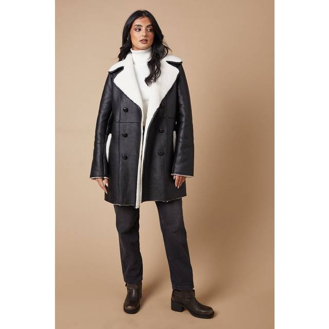 Double Breasted Shearling Coatblack - Tan,Black - 12,10