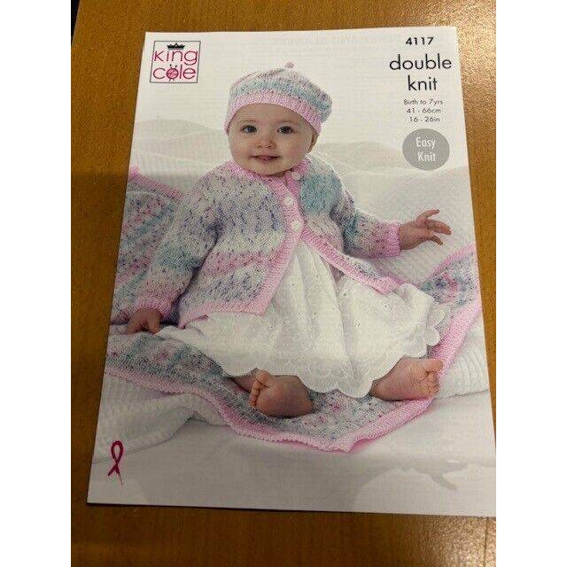 King cole dk easy knit knitting pattern coat beret and blanket 4117
