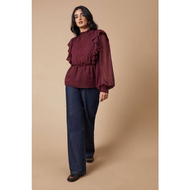 Oasis womens blouse casual raspberry chiffon embroidered high neck long sleeve