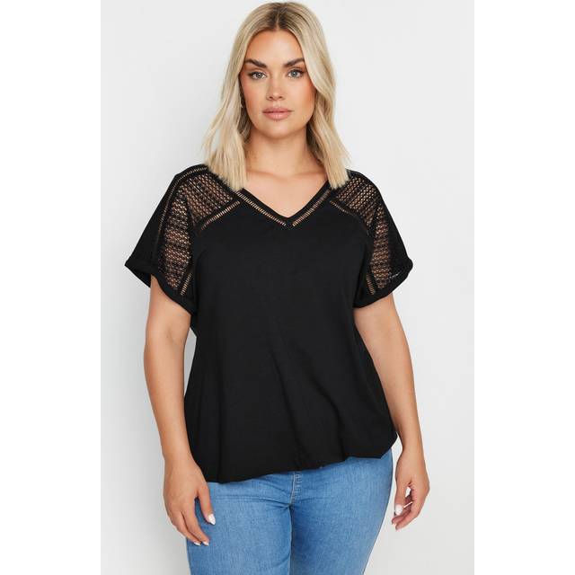Yours Curve Black Crochet Bubble Hem Tshirt, Women's Curve & Plus Size, Yours - 14