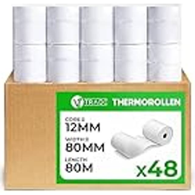 V1 Trade Termopappersrullar 80 mm x 80 m x 12 mm (48 Stycken) - Kassarullar för Kassaskåp - EC-Rullar av Termopapper 42 g/m2 - Kvittorullar för Kvittskrivare