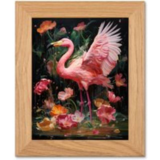 Flamboyant Vibrant Pink Flamingo Feathers in Rain Art Oak Wood Framed Wall Print - W12 inch x H16 inch x D15mm
