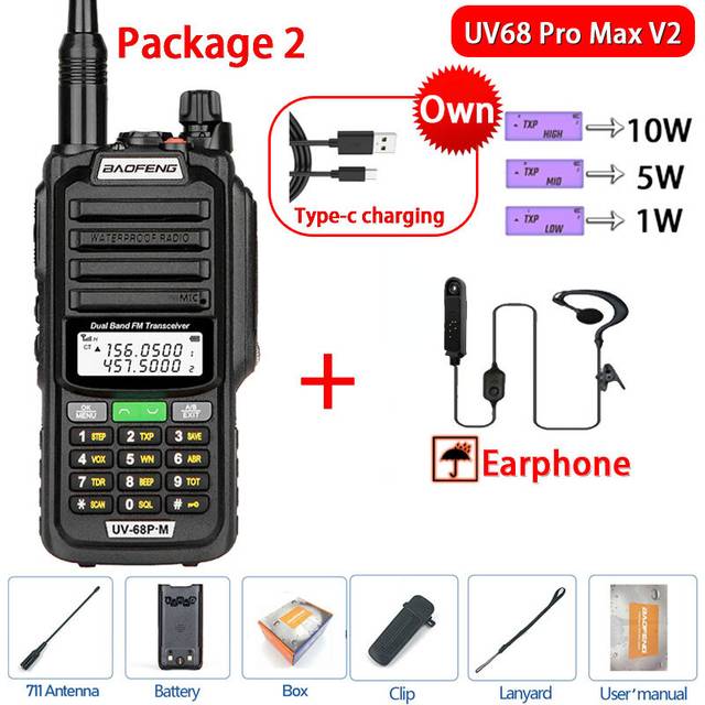 (USB Plug, V2 Black 1) Professional Waterproof Walkie Talkie UV68 Pro Max V2 Update 10W PowerfulDual Band VHF/UHF TWO Way Radios