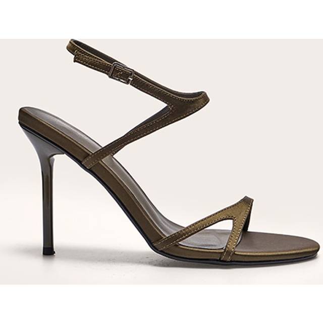 Olive Satin Round Toe Asymmetric Strap High Stiletto Heeled Sandals, Green - 7