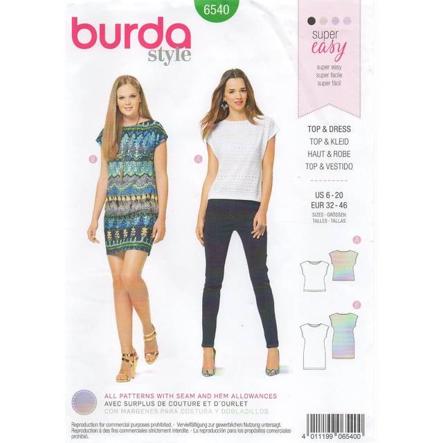 Burda Sewing Pattern 6540 Women 6-20 Dresses, Tops