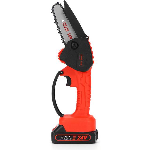 (Red, One Battery) 24V 4 Inch One-Hand Electric Cordless Chain Saw Woodworking Chainsaw 550W