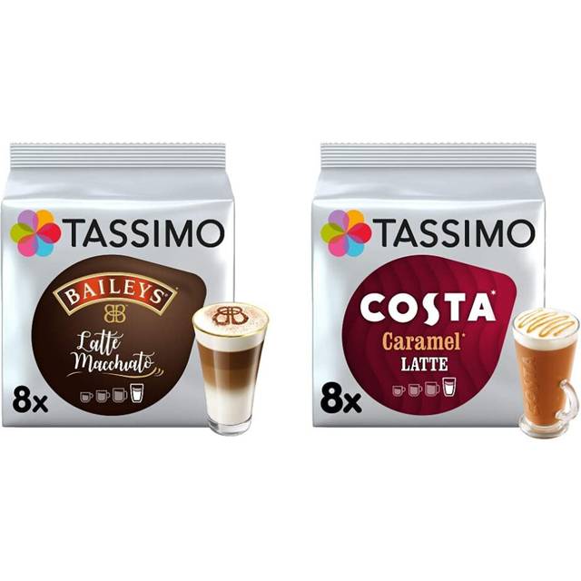 Tassimo Tassimo Baileys Latte Macchiato & Costa Caramel Latte Coffee Pods (Pack of 5, Total 160 Coffee Capsules) - Medium Roast, Non-Vegetarian, 5 Cou
