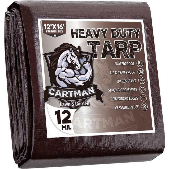 CARTMAN Finished Size 12x16 Feet Extra Thick 20 Mil Brown Ultra Heavy Duty Poly Tarp  Multipurpose Protective Cover  UV Resistant  Waterproof Poly Tar