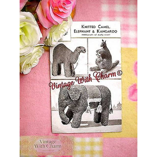 Vintage 40s toy knitting pattern instructions- camel, elephant, kangaroo & joey