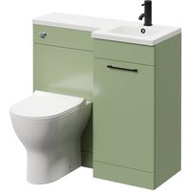 Napoli Combination Vanity Unit Toilet Suite with Right Hand L Shaped 1 Tap Hole Round Basin and Single Door with Matt Black Handle | Olive Green | Plastic | 900mm