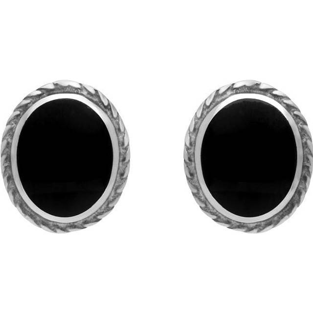 Sterling Silver Whitby Jet Small Oval Rope Edge Stud Earrings - Silver