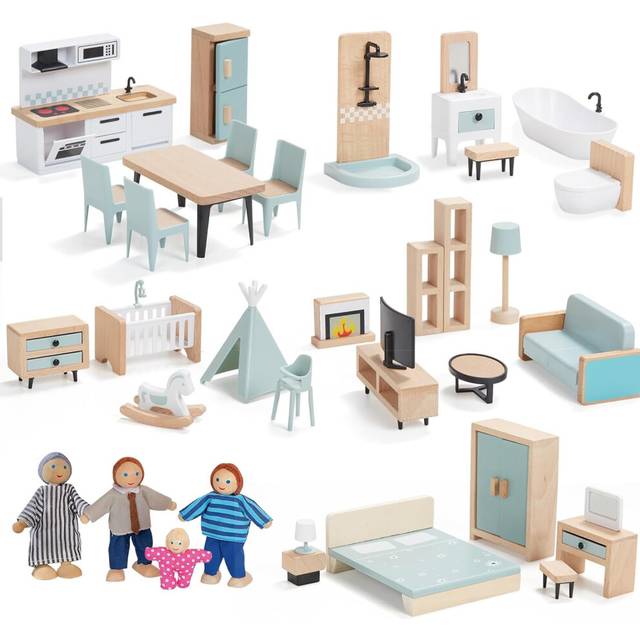Giant bean Wooden Dollhouse Furniture Set, 36pcs Furnitures with 4 Family Dolls, Dollhouse Accessories Pretend Play Furniture Toys for Boys Girls &