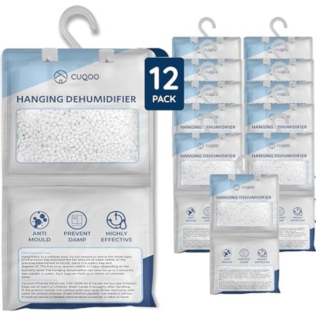 Cuqoo Hanging Wardrobe Dehumidifier Bags 12 Pack Moisture Absorber For Closets Windows Home Damp Condensation Control - One Size