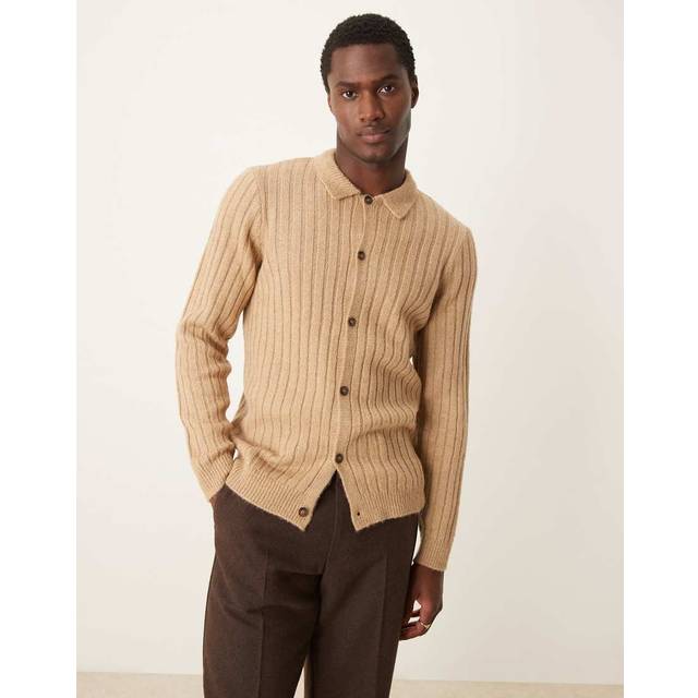 ASOS DESIGN – Standard – Beige, ribbstickad kofta med krage-Naturlig