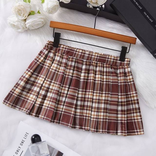 (Coffee Color, M) Spring And Summer Sexy Uniform Plaid Skirt Brown Contrast Color Elastic Short Skirt Sexy Miniskirt