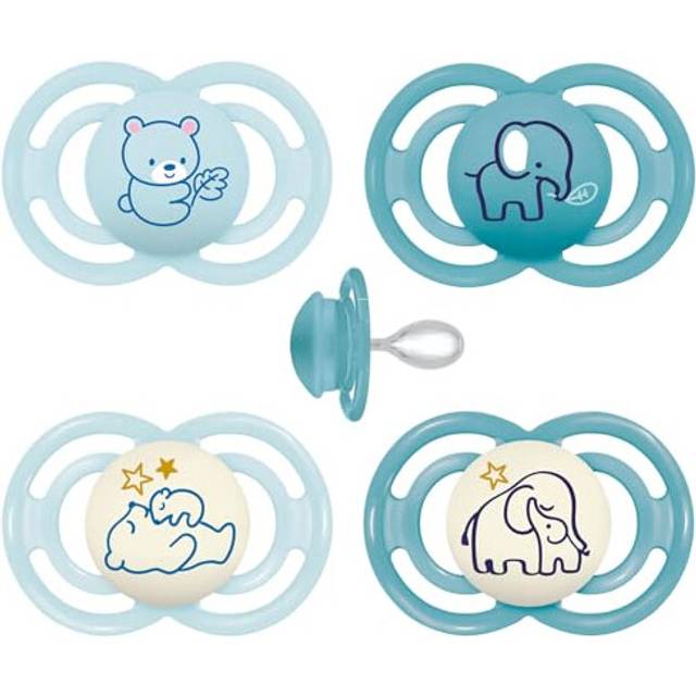 MAM Perfect Day & Night Dummy 16+ M (Pack of 4), Includes Transport Box, Baby Dummy from 16 Months, MAM SkinSoft Silicone Teat, Pack of 4