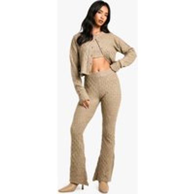 Womens Petite Soft Cable Knitted Cardigan, Crop Top And Flare Leg Trouser 3 Piece Set - Beige - XS