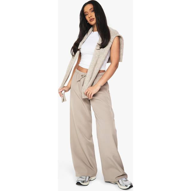 Womens Woven Elasticated Low Rise Wide Leg Trousers - Beige - 14, Beige