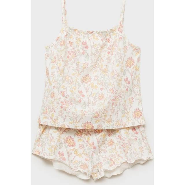 Mango Kids' Teab Cotton Floral Shortie Pyjama Set, Pink