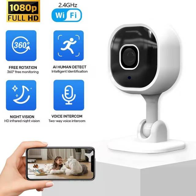 Compact Indoor Plug-in Smart Security Camera, 1080p HD Video, Night Vision, Motion Detection, Two-way Audio, Easy Set Up, Works with Alexa Only Camera white