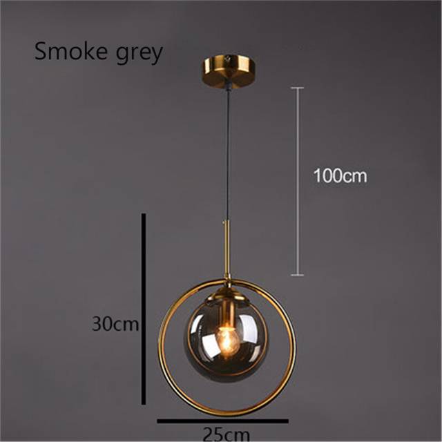 (B-Smoke grey) Dropshipping Modern Glass Ball Pendant Lights Fixtures LOFT Dining Room Golden Ring LED Hanging Lamp Home Decor Lamps Luminaire