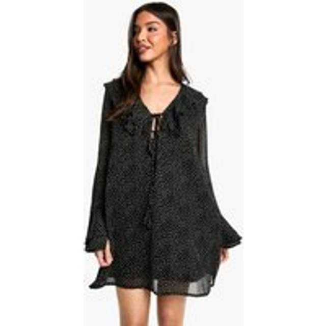 Womens Polka Dot Ruffle Shift Mini Dress - Black - 16