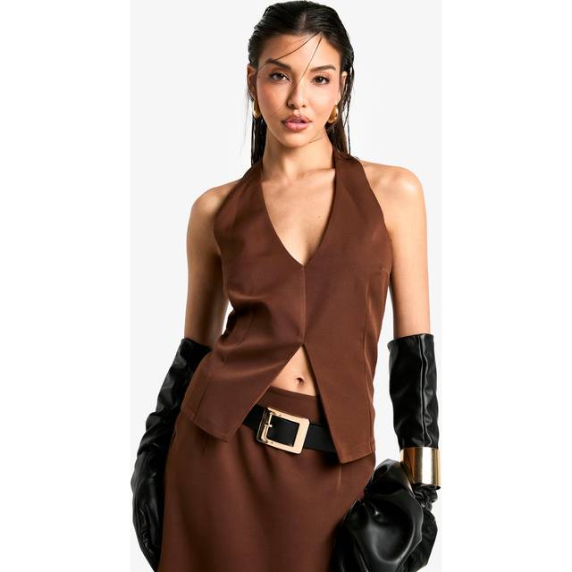 Womens Woven Halterneck Plunge Top - Brown - 12, Brown